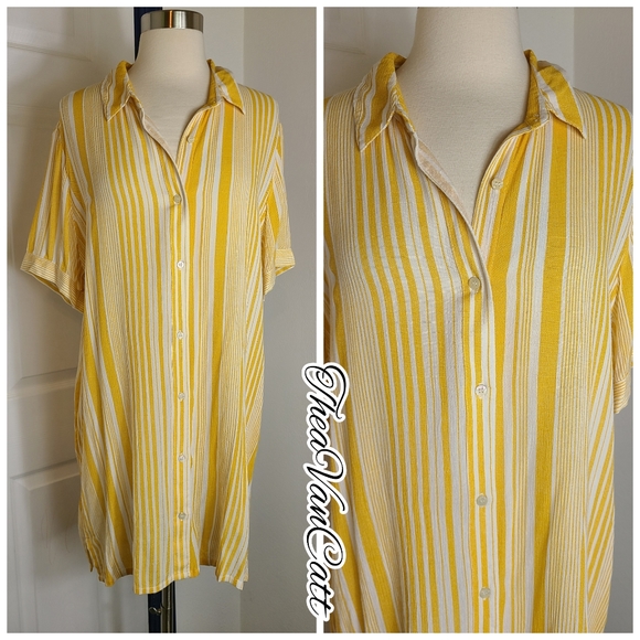 Forever 21 retro yellow stripes short sleeve button down relaxed fit shirt dress - Picture 3 of 8